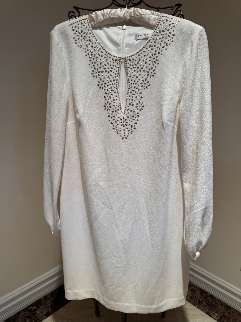 Trina Turk White Embellished Long Sleeve Dress
